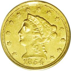 	1854-C $2 1/2 AU55 PCGS. Variety 15-I. This pale gold 1854-C