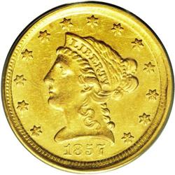 	1857-D $2 1/2 AU58 PCGS. Variety 20-M. The obverse is 1857-D