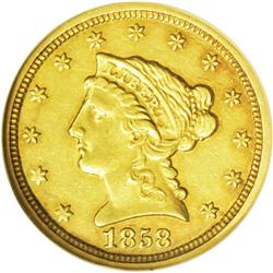 	1858-C $2 1/2 AU55 NGC. Variety 18-J. Another low-mint 1858-C