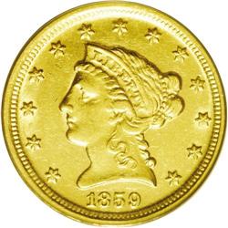 	1859-D $2 1/2 AU58 PCGS. Variety 21-M. The only variet 1859-D