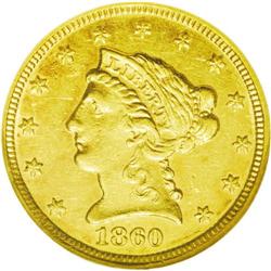 	1860-C $2 1/2 AU58 NGC. Variety 19-J. The 1860-C is a 1860-C