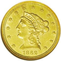 	1862/1 $2 1/2 AU58 NGC. A remarkable overdate that was 1862/1