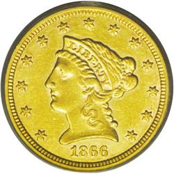 	1866 $2 1/2 AU53 PCGS. An unevenly struck example that 1866