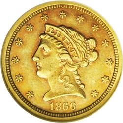 	1866-S $2 1/2 AU55 NGC. Rich orange-gold patina altern 1866-S