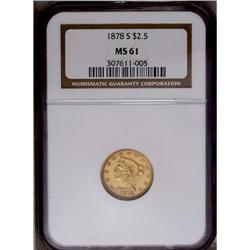 	1878-S $2 1/2 MS61 NGC. This tan-gold quarter eagle le 1878-S