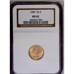 	1899 $2 1/2 MS62 NGC. Rich golden color and bright lus 1899