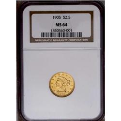 	1905 $2 1/2 MS64 NGC. A lovely near-Gem with rich hone 1905