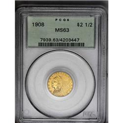 	1908 $2 1/2 MS63 PCGS. A satiny Mint State example of 1908