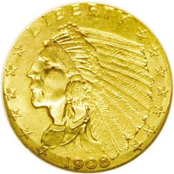 	1908 $2 1/2 MS65 NGC. Lime and peach tones interchange 1908