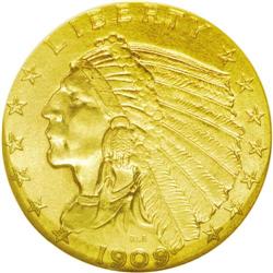 	1909 $2 1/2 MS65 NGC. The 1909 quarter eagle, with a b 1909