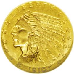 	1910 $2 1/2 MS63 NGC. Honey-gold surfaces display sati 1910
