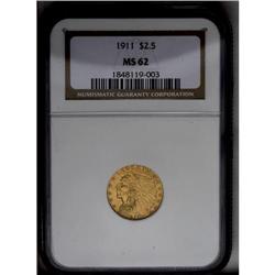 	1911 $2 1/2 MS62 NGC. Gentle lilac and green-gold toni 1911