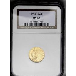 	1911 $2 1/2 MS63 NGC. A lovely green-gold example with 1911