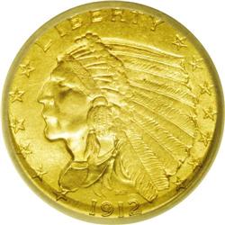 	1912 $2 1/2 MS65 ICG. A sharply struck Gem with soft, 1912