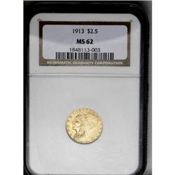 	1913 $2 1/2 MS62 NGC. Satiny with pleasing peach-gold 1913