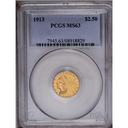 	1913 $2 1/2 MS63 PCGS. This peach-gold quarter eagle i 1913