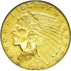 	1914 $2 1/2 MS62 PCGS. Medium yellow color is enhanced 1914