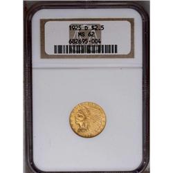 	1925-D $2 1/2 MS62 NGC. Well struck with peach-gold an 1925-D