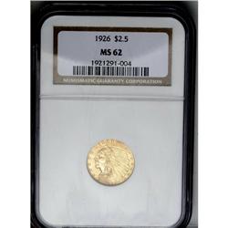 	1926 $2 1/2 MS62 NGC. Satiny yellow-gold luster with a 1926