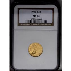 	1928 $2 1/2 MS64 NGC. This lustrous honey-gold near-Ge 1928