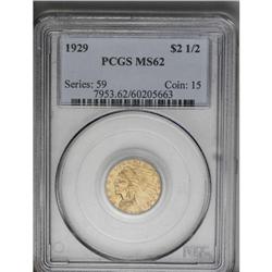 	1929 $2 1/2 MS62 PCGS. Soft, satiny mint luster and su 1929