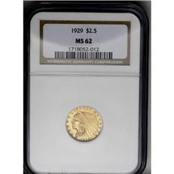	1929 $2 1/2 MS62 NGC. Both sides of this frosty yellow 1929