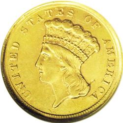 	1854-D $3 AU55 ANACS. This is the only Dahlonega Mint 1854-D