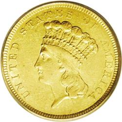 	1854-O $3 AU55 ICG. Always popular as the only O-mint 1854-O