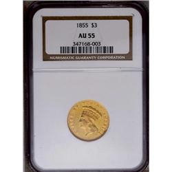 	1855 $3 AU55 NGC. Substantial luster shines from the g 1855