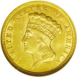 	1856 $3 MS61 NGC. Modestly lustrous with pink-gold col 1856