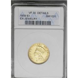 	1859 $3 --Ex-Jewelry--ANACS. VF30 Details. This coarsel 1859