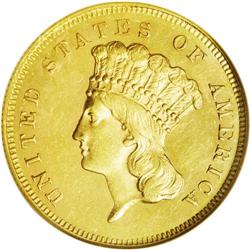 	1861 $3 AU58 NGC. Slightly subdued yellow-gold surface 1861