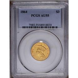 	1864 $3 AU55 PCGS. Light wear on the cotton leaves and 1864