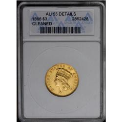 	1866 $3 --Cleaned--ANACS. AU55 Details. A polished peac 1866