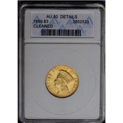 	1869 $3 --Cleaned--ANACS. AU50 Details. A glossy tan-go 1869