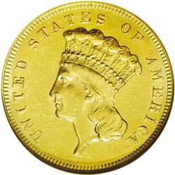 	1869 $3 AU58 NGC. Relatively clean, semi-prooflike fie 1869