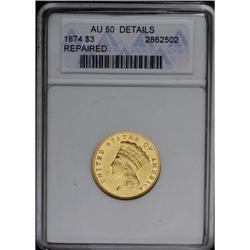 	1874 $3 --Repaired--ANACS. AU50 Details. The obverse fi 1874