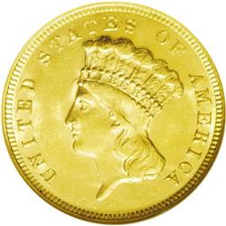 	1874 $3 MS62 NGC. Luster shimmers across this attracti 1874