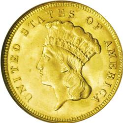 	1874 $3 MS64 NGC. With so few pieces certified above t 1874