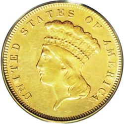 	1878 $3 AU55 PCGS. Peach-tinged luster illuminates the 1878