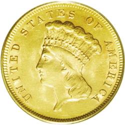 	1878 $3 AU58 PCGS. A partly lustrous golden-brown piec 1878