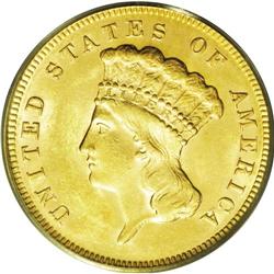 	1878 $3 MS63 PCGS. Fully lustrous with frosty yellow-g 1878