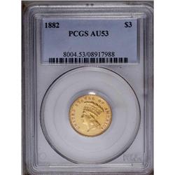 	1882 $3 AU53 PCGS. Bright yellow-gold surfaces exhibit 1882