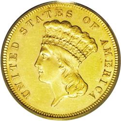 	1885 $3 AU58 PCGS. With a mintage of only 800 business 1885