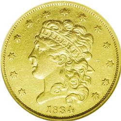 	1834 $5 Crosslet 4--Damaged--ANACS. AU50 Details. Desp 1834