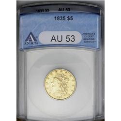 	1835 $5 AU53 ANACS. Breen-6505, Second Head, McCloskey 1835