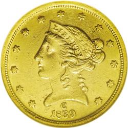 	1839-C $5 --Repaired--ANACS. AU55 Details. Variety 1-A. 1839-C