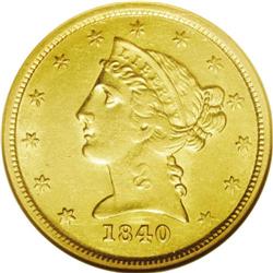 	1840-O $5 Narrow Mill AU58 NGC. Breen-6530, Medium Ova 1840-O