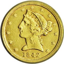 	1842-C $5 Large Date AU50 ICG. Variety 5-C. The 2 in t 1842-C