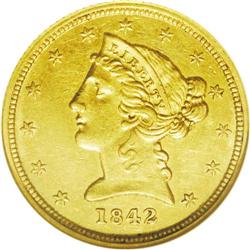 	1842-D $5 Small Date AU58 NGC. Variety 8-E. A crisply 1842-D